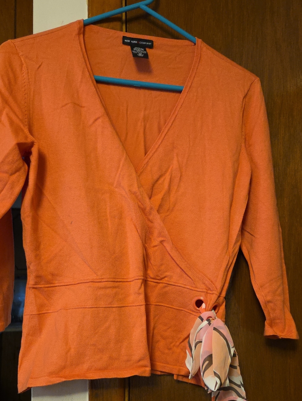 WORN ONCE New York & Company Orange Wrap Top with Patterned Scarf Accent